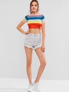 Hot Selling Custom Top Quality Cotton Short Sleeve Fitted <strong>Rainbow</strong> Stripes Crop Top <strong>T</strong> <strong>Shirts</strong> Women - Product Image 5