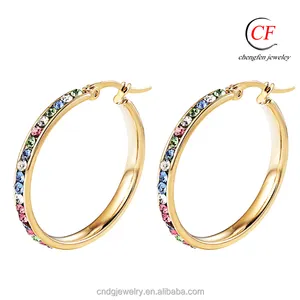 Chengfen Factory Pave Color Rhinestone Hoop Fancy Muslim Jewelry Gold Earring Design Earring Hoops