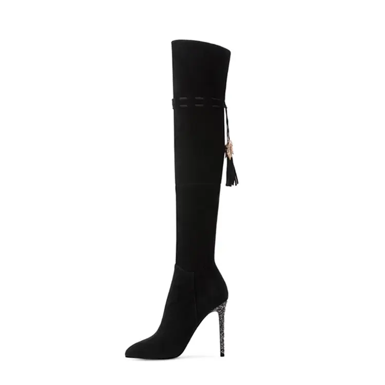 Italian knee length ladies women's pointed toe black shoes women leather high heel boots