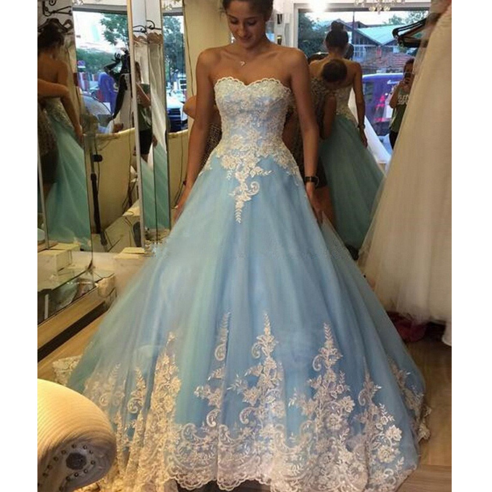 Plus Size Vintage Blue Ball Gown Wedding Dress with White Appliques,  Lace-Up Sweetheart Neckline, Floor-Length Bridal Gown