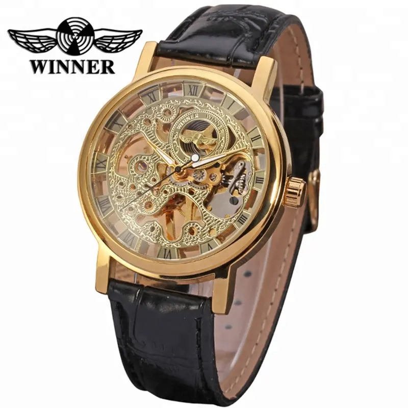 Winner Classic Retro Design Transparent Golden Case Back Mens Watches Top Brand Luxury Automatic Male Mechanical Skeleton Watch