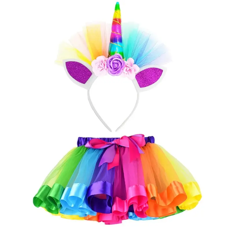Factory Wholesale Children Skirt Rainbow Tutu Skirt With Flower Headband Set