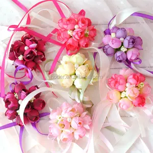 Décoration de fête de mariage, fleur de main de mariée rose artificielle, corsage de demoiselle d'honneur, fleur de poignet