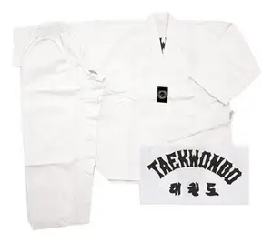 专业白色棉质跆拳道制服，背面印有白色V和印花
