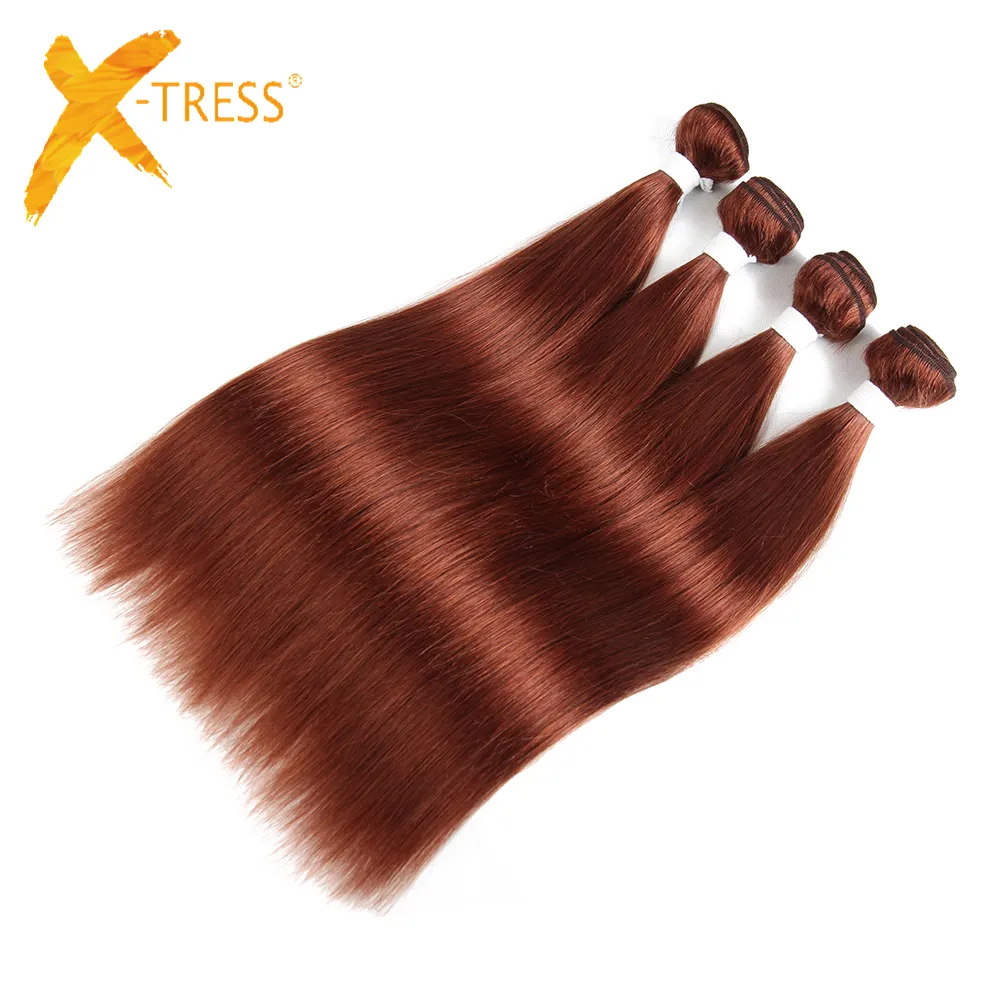 X-TRESS Brazilian Straight Human Hair 3 Bundles Remy Hair Weaves Medium Brown Auburn Colored Hair Weft Extensions