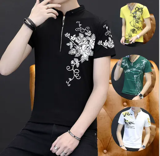 Camiseta corta con cuello en V de estilo chino para hombre