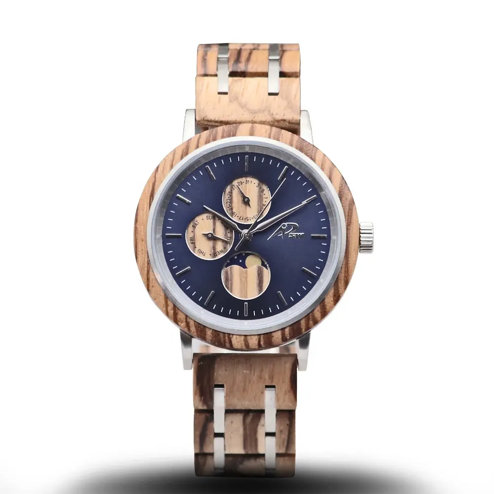 ビジネスステンレス鋼時計手作り木製腕時計男性日付週ディスプレイムーンフェイズ時計男性