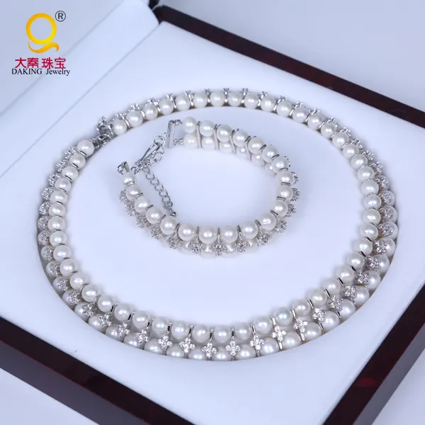 Fashion zircon real pearl bead elegant pearl necklace bracelet set