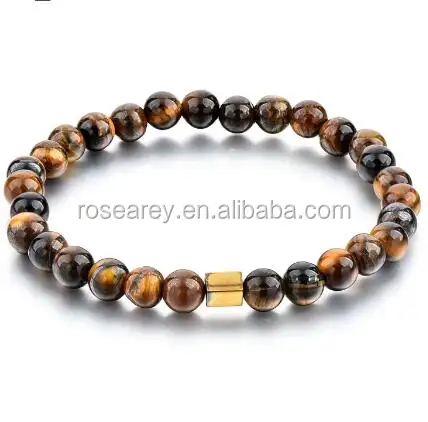 De 6mm piedra de ojo de tigre de grabado de acero inoxidable pulsera de cuentas para hombres gratis logotipo