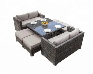 Stile americano moderno giardino vimini cubo sedie da pranzo e tavolo con copertura in vetro Set di mobili da esterno in Rattan