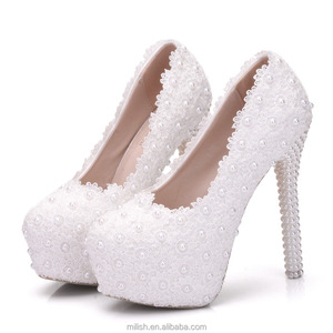 Su.cheny Pizzo Bianco Perle Basse Tacchi Alti Sposa Matrimonio Pompe