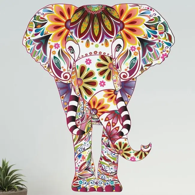 Colorful Elephant Wall Decal - Vibrant Floral Pattern - Easy Peel and Stick Fabric Elephant Wall Sticker