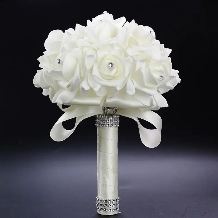 2018010537A 1Piece Cheap Bridesmaid Wedding Decoration Foamflowers Rose Bridal bouquet White Satin Romantic Wedding bouquet