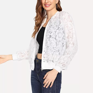 Custom Ladies Sexy <strong>Sheer</strong> Crochet Lace Zip Front Bomber <strong>Jacket</strong> Long Sleeves Hollow Out <strong>Jacket</strong> - Product Image 3