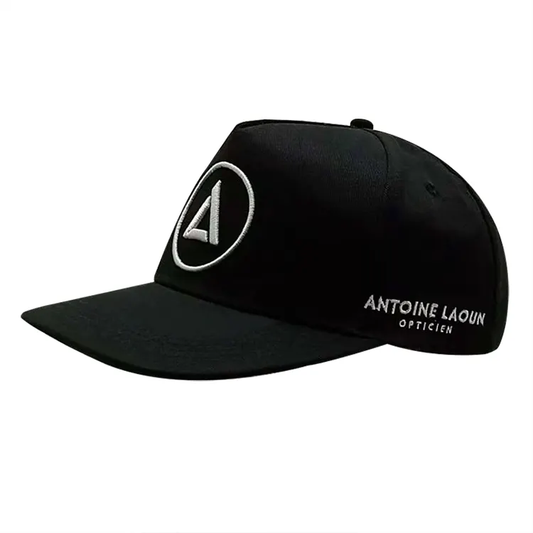 Promotional customized logo Black color polyester 5 panels Snapback Cap hat with side embroidery logo and inside label