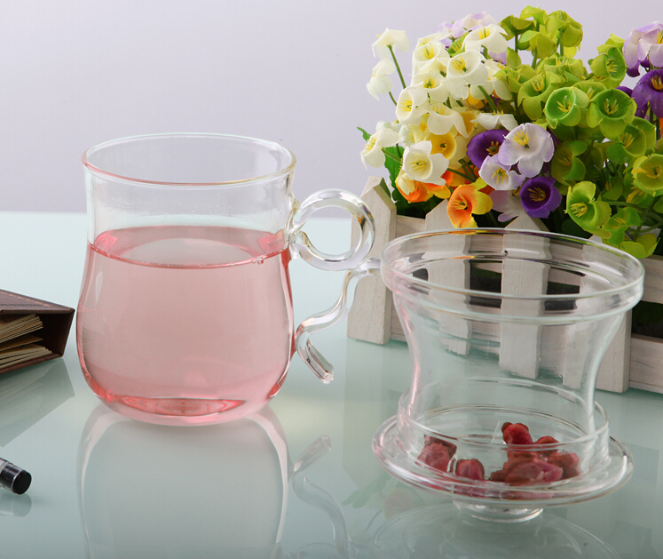 Double wall glass tea cup with glass filter and lid