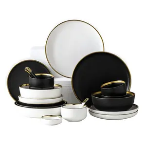 Matte Black and White Golden Porcelain Plate Setting