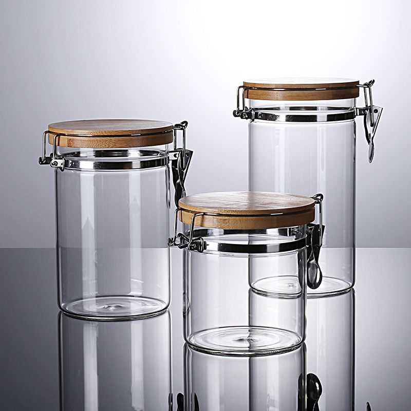 clear Insulated borosilicate glass storage container glass jar with metal buckle borosilicate glass jar