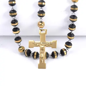 忠实的黑色橡胶珠子 Lourdes 天主教念珠在金色十字架项链吊坠