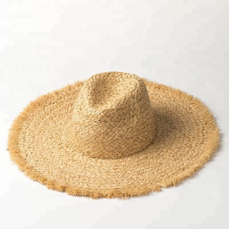Moda Mulheres Summer Trendy Raw Desfiada Borda Larga Praia Hat Lady Sombreros Hand Made Braid Chapéu de palha Raffia