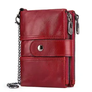 Vintage RFID double zippers sides pockets coin purse genuine leather bifold chain wallet for men