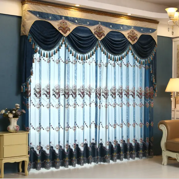 elegant arab style embroidered blue luxury valance curtains