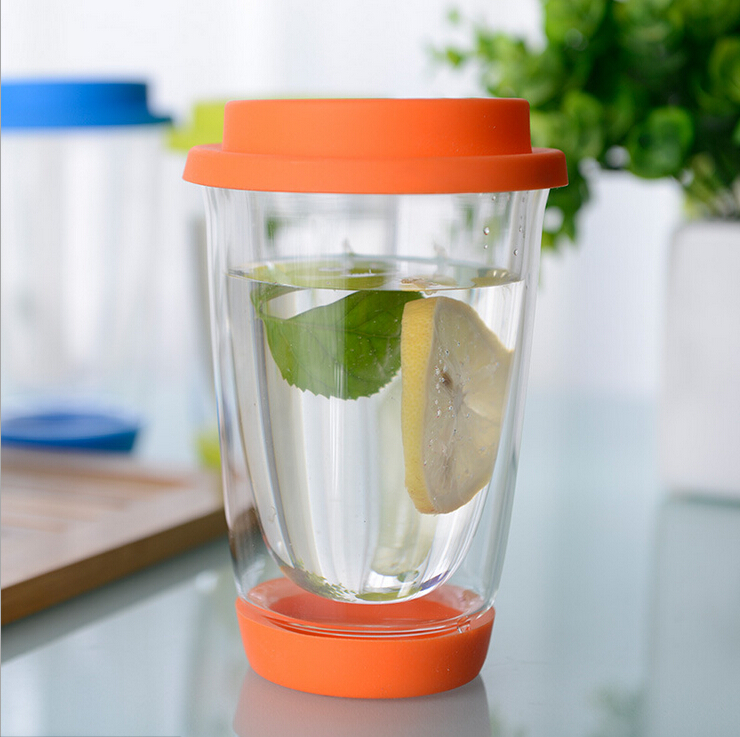 12OZ Double Wall Insulated Glass Travel Cup with Silicone Lid and Bottom
