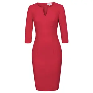 BP000456 女装夏季连衣裙一条护套办公 3/4 衣袖 v领红色