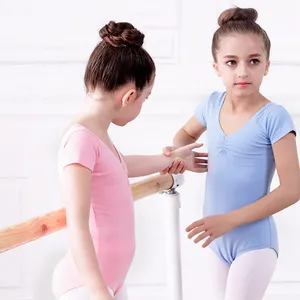 Toptan pamuk Spandex çocuk pembe kısa kollu temel spandex likra bale dans leotard kız