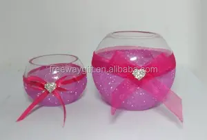 vidrio de color flotante tarros de la vela cuenco con encaje rosa y purpurina