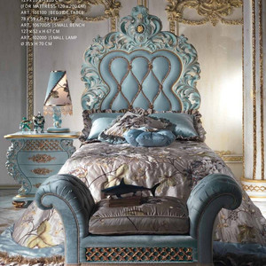 Letto per Bambini di Lusso Romantico in Legno con <span class=keywords><strong>Testiera</strong></span> in Pelle Blu Cielo Stile Antico Principesco - Product Image 2