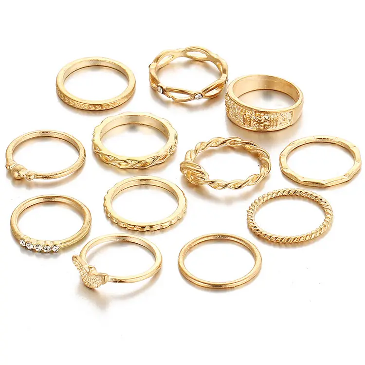 2019 fashion rings jewelry women 12pcs/set rhinestone stylish finger gold rings