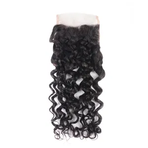 Huashuo Highest Discounts New Arrival Natural Black Brazilian Virgin Human Curved Part Water Wave Hair Lace Closure