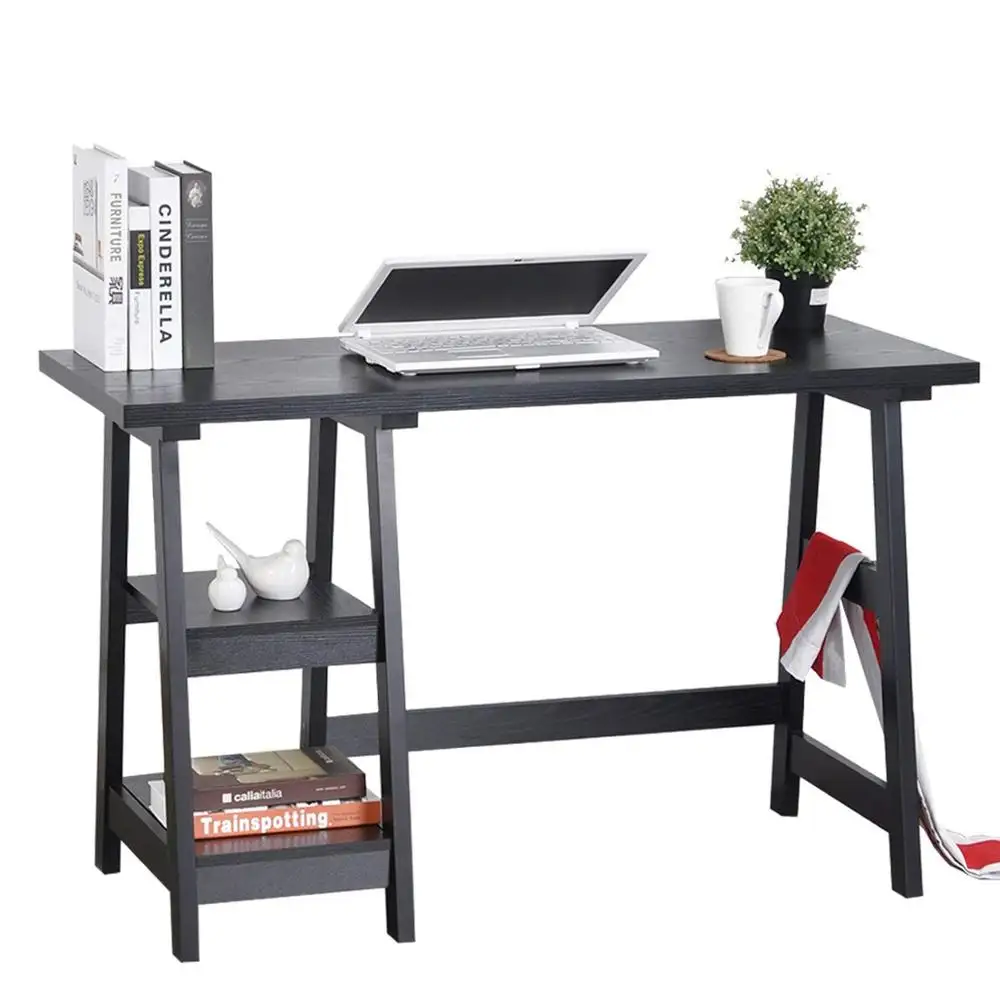 Computer desk laptop desk black trestle desk home office rectangular study reading table with 2 removable shlf double mene