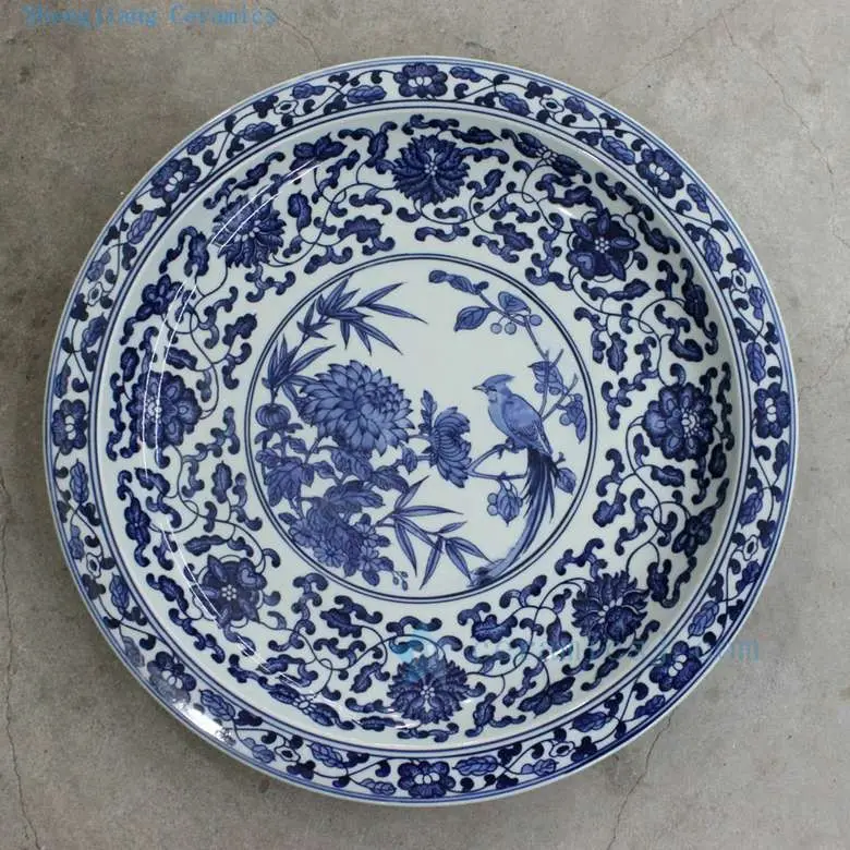Rzbd05 15,7 pollici mano dipinto di blu crisantemo bianco e bird piatto in porcellana