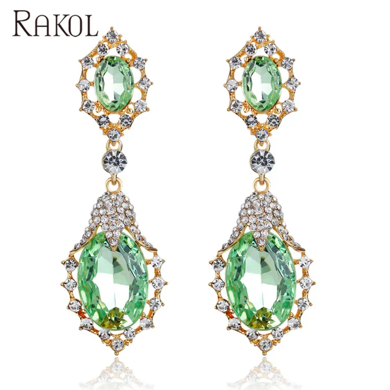 RAKOL AE108 Vintage Turkish Jewelry Royal Long Dangle Emerald Earrings For Bridal Wedding Woman AE108