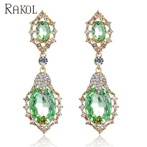 RAKOL AE108 Vintage Turkish Jewelry Royal Long Dangle Emerald Earrings For Bridal Wedding Woman AE108