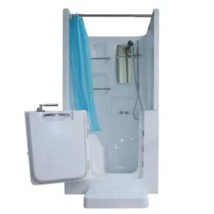 Modern Small White Bathtub Walk-In Bath Shower Tub Combo for Indoor Use Includes Faucet and Drainer for Soaking and Massage