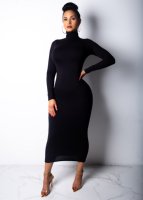 Venta al por mayor de Otoño de las señoras vestidos ajustados Sexy cremallera de manga larga de cuello alto delgado vestido largo para las mujeres JZ550