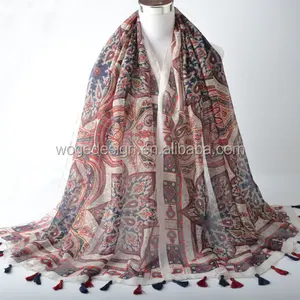 Made in PRC new coming length girls muffler pareo beach towel shawls print paisley fringes 100%viscose echnic scarf