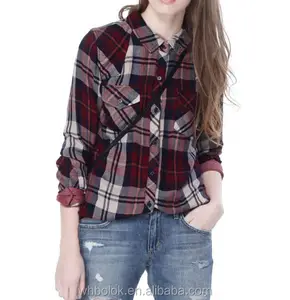 Fashionable lady flannel lined quilted plaid cotton shirt long sleeve shirt