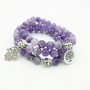 SN1540 쌓을 수있는 8mm 쉐브론 자수정 구슬 부처 함사 손 매력 요가 스택 생명의 나무 팔찌 세트 - Product Image 3
