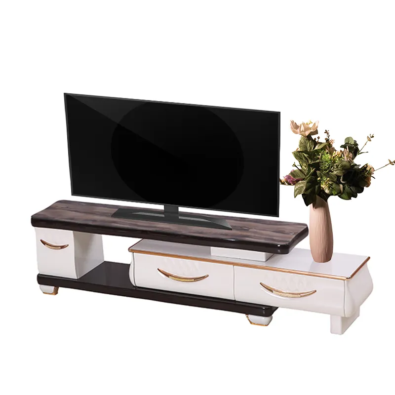 Mueble de sala de estar de diseño moderno personalizado, consola de soporte de TV, armario de TV de MDF con tapa de vidrio