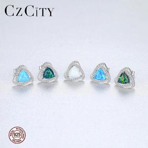 CZCITY toptan lüks bayan Vintage takı 925 ayar gümüş üçgen klasik renkli yangın Opal taş saplama küpe - Product Image 4