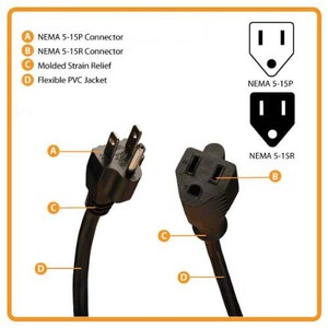 6 ft Điện Mở Rộng Điện Dây-NEMA 5-15R để NEMA 5-15 p-16 AWG Điện Mở Rộng dây cáp 125 Volts tại 13 Amps SJTW 6ft - Product Image 3