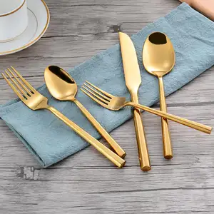 Set Sendok Garpu Stainless Steel 20 Buah, Set Alat Makan Lapisan Emas Segi Enam untuk Acara Pesta Pernikahan