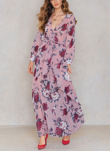 Maxi abito manica lunga da donna sexy con scollo a v stampato floreale con scollo a v e maniche lunghe - Product Image 2