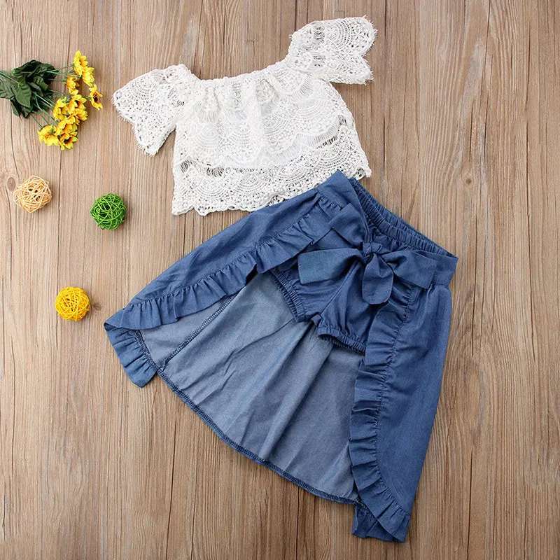 Mode Kinder Mädchen Sommer Kleidung Off Shoulder Spitze White Tops Denim Shorts Rüschen Bogen Rock Outfit Kinder Kleidung Set