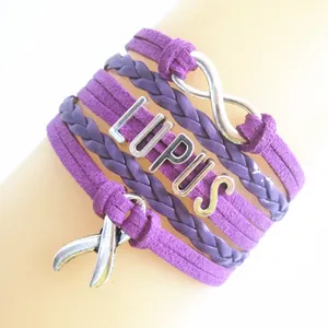 Hand-crafted Bangle Infinity LUPUS Cancer Awareness Ribbon Charms Leather Letter Beads Lupus Bracelet