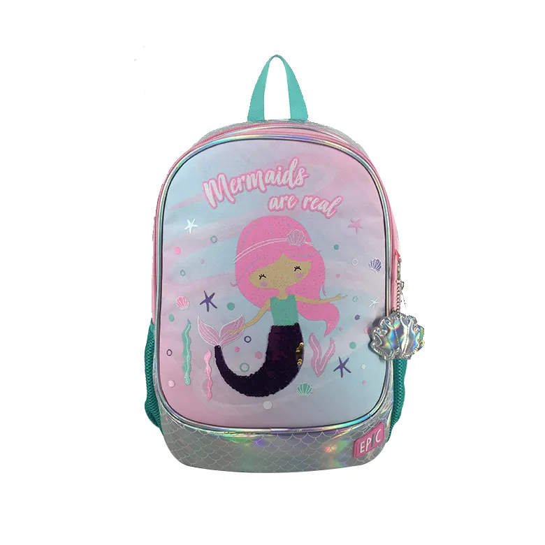 Fashion silver pu leather holographic kids backpack school bag print mermaid